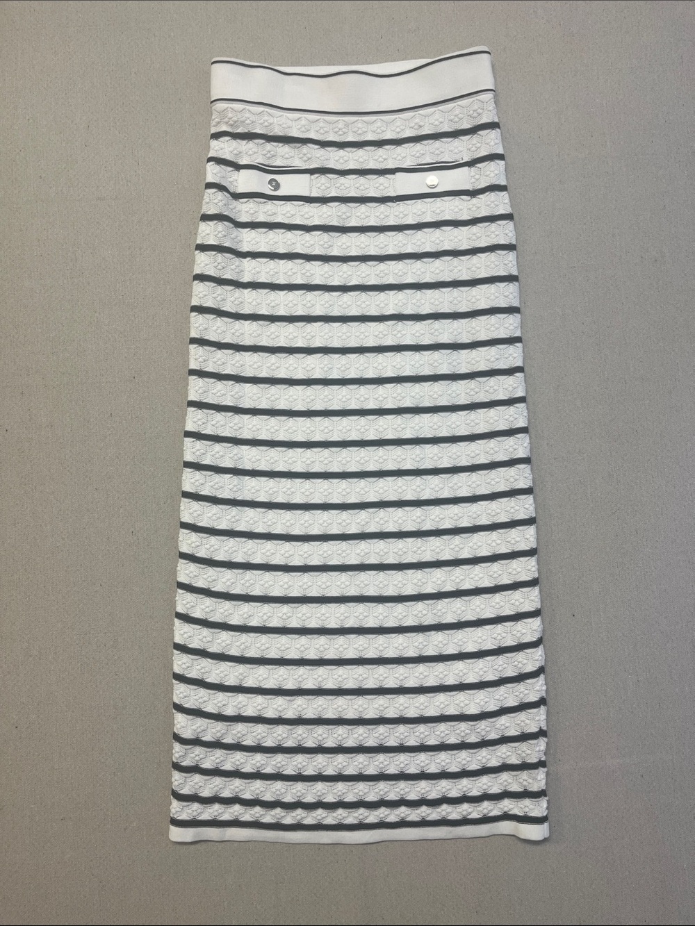 Elie Tahari XS White Black Stripe Knit Midi Pencil Skirt Stretch